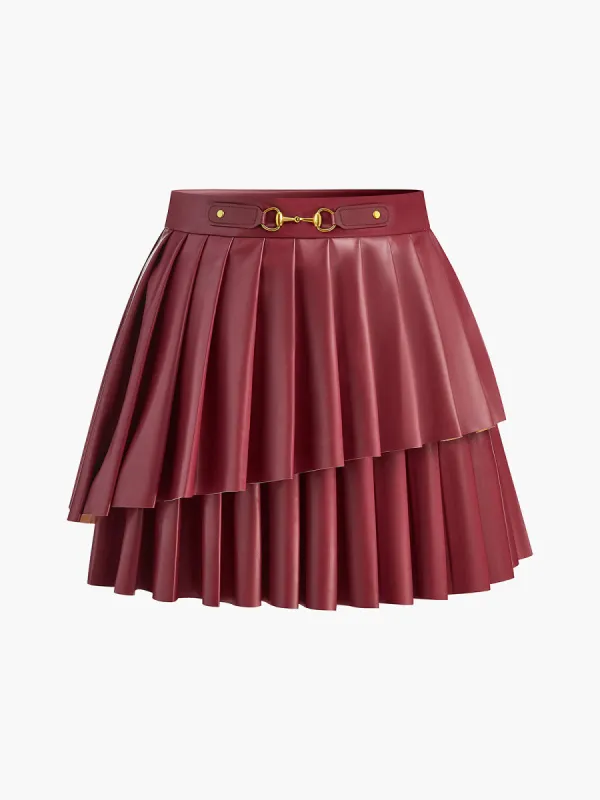 High-Waist Metal-Detail Asymmetrical Pleated Skirt sold by COMMENSE