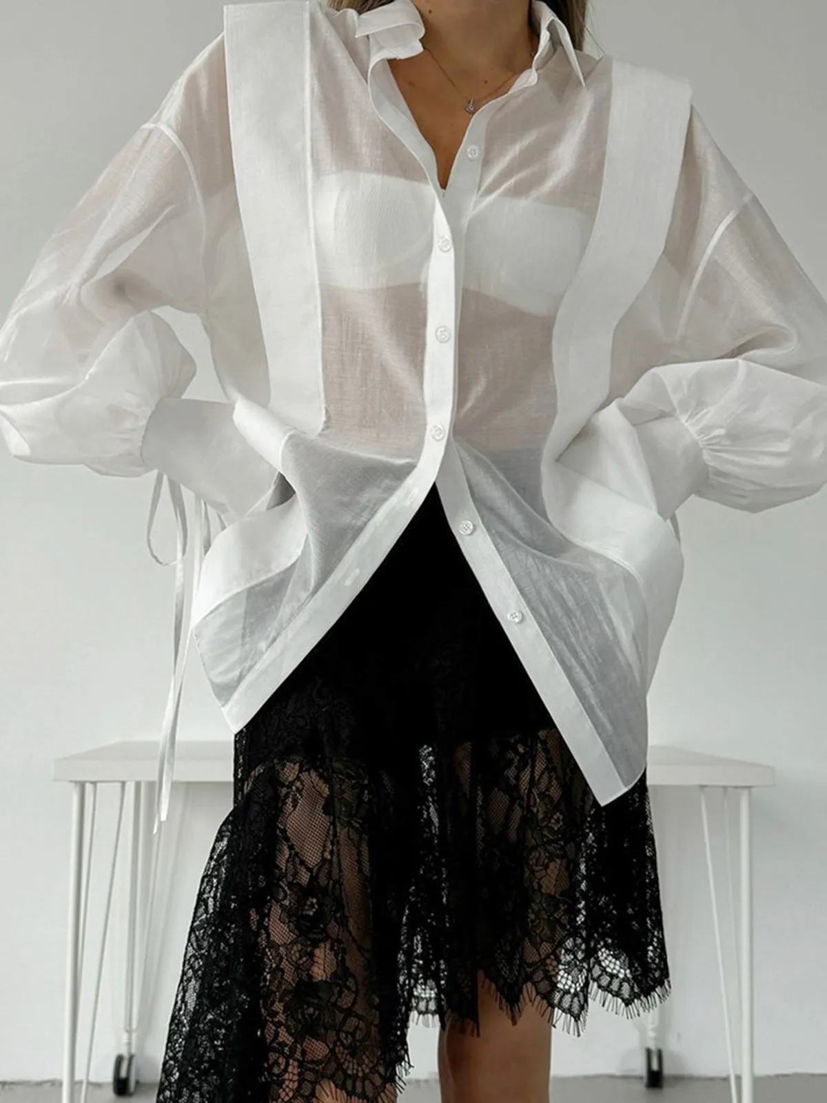 Semi-Sheer Pleated Polo Shirt sold by COMMENSE product image thumbnail 2