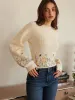 Leg-Of-Mutton Sleeve Embroidery Cinched Sweater sold by COMMENSE