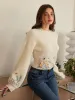 Leg-Of-Mutton Sleeve Embroidery Cinched Sweater sold by COMMENSE