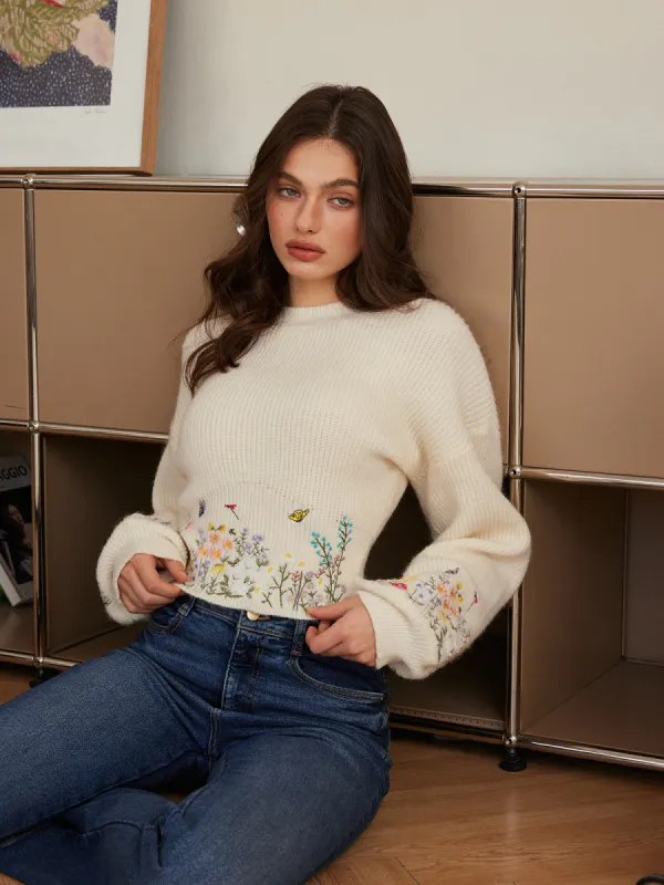 Leg-Of-Mutton Sleeve Embroidery Cinched Sweater sold by COMMENSE