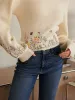 Leg-Of-Mutton Sleeve Embroidery Cinched Sweater sold by COMMENSE