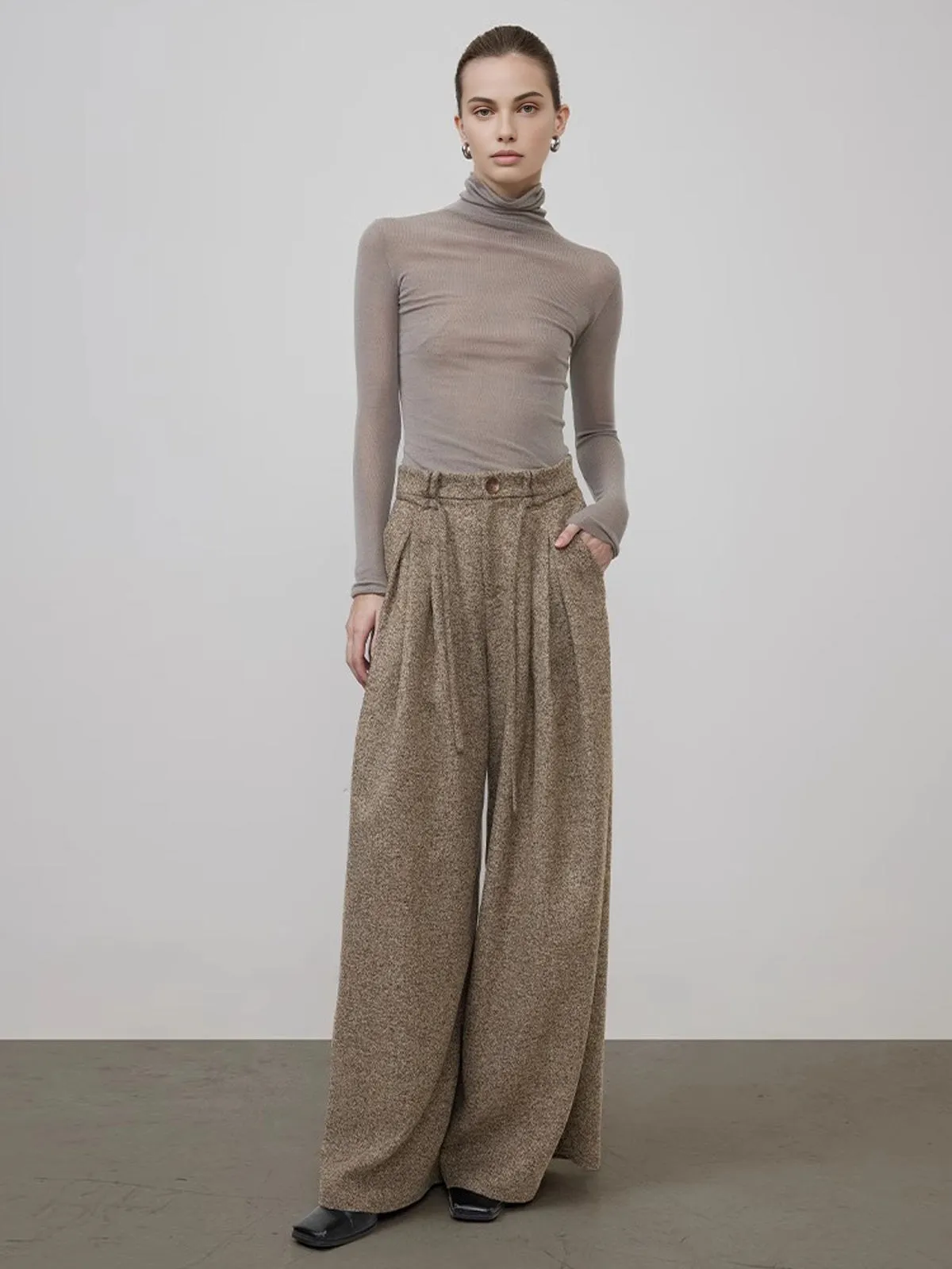 Mid-Waist Tweed Pleated Wide-Leg Pants sold by COMMENSE product image thumbnail 4