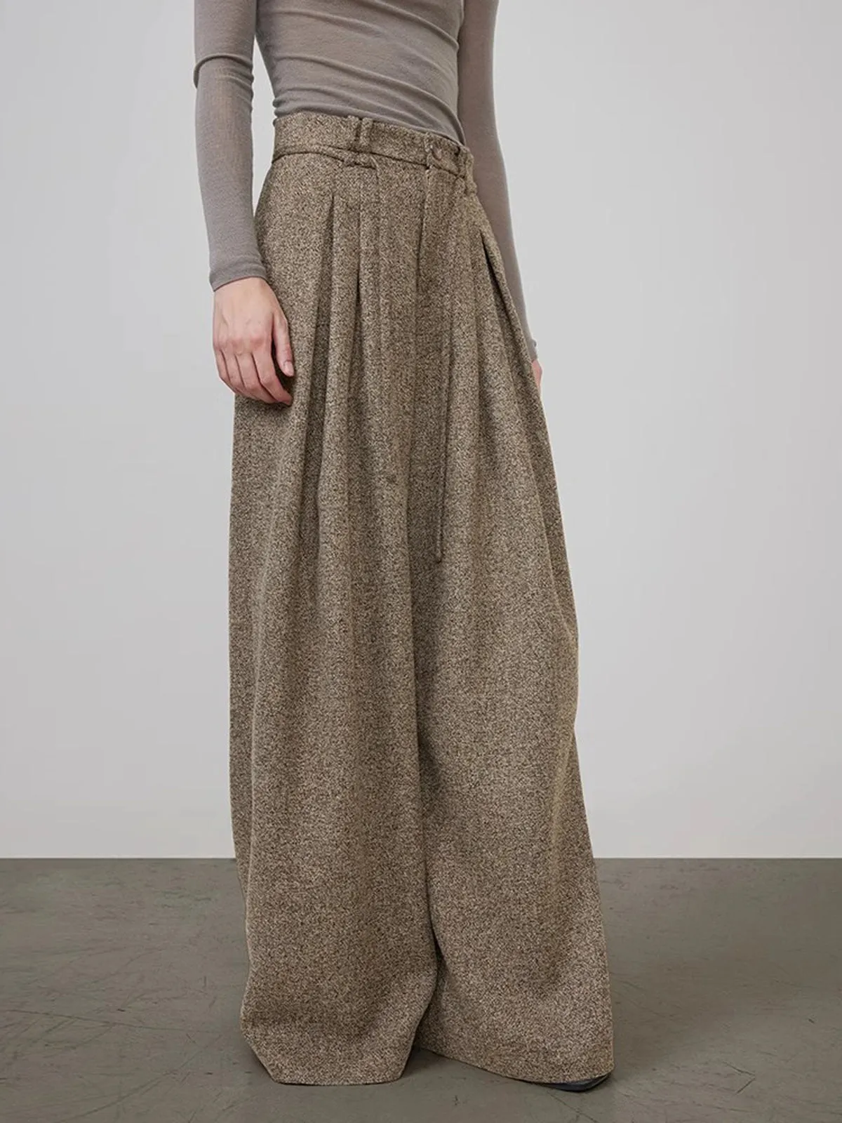 Mid-Waist Tweed Pleated Wide-Leg Pants sold by COMMENSE product image thumbnail 3
