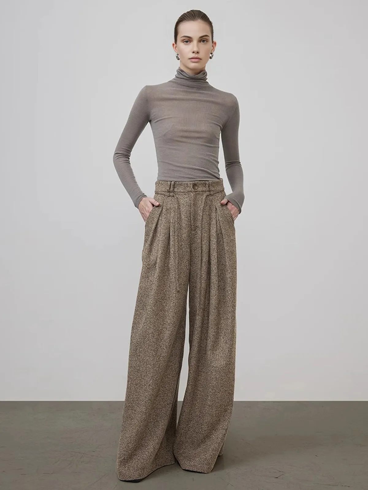 Mid-Waist Tweed Pleated Wide-Leg Pants sold by COMMENSE product image thumbnail 2