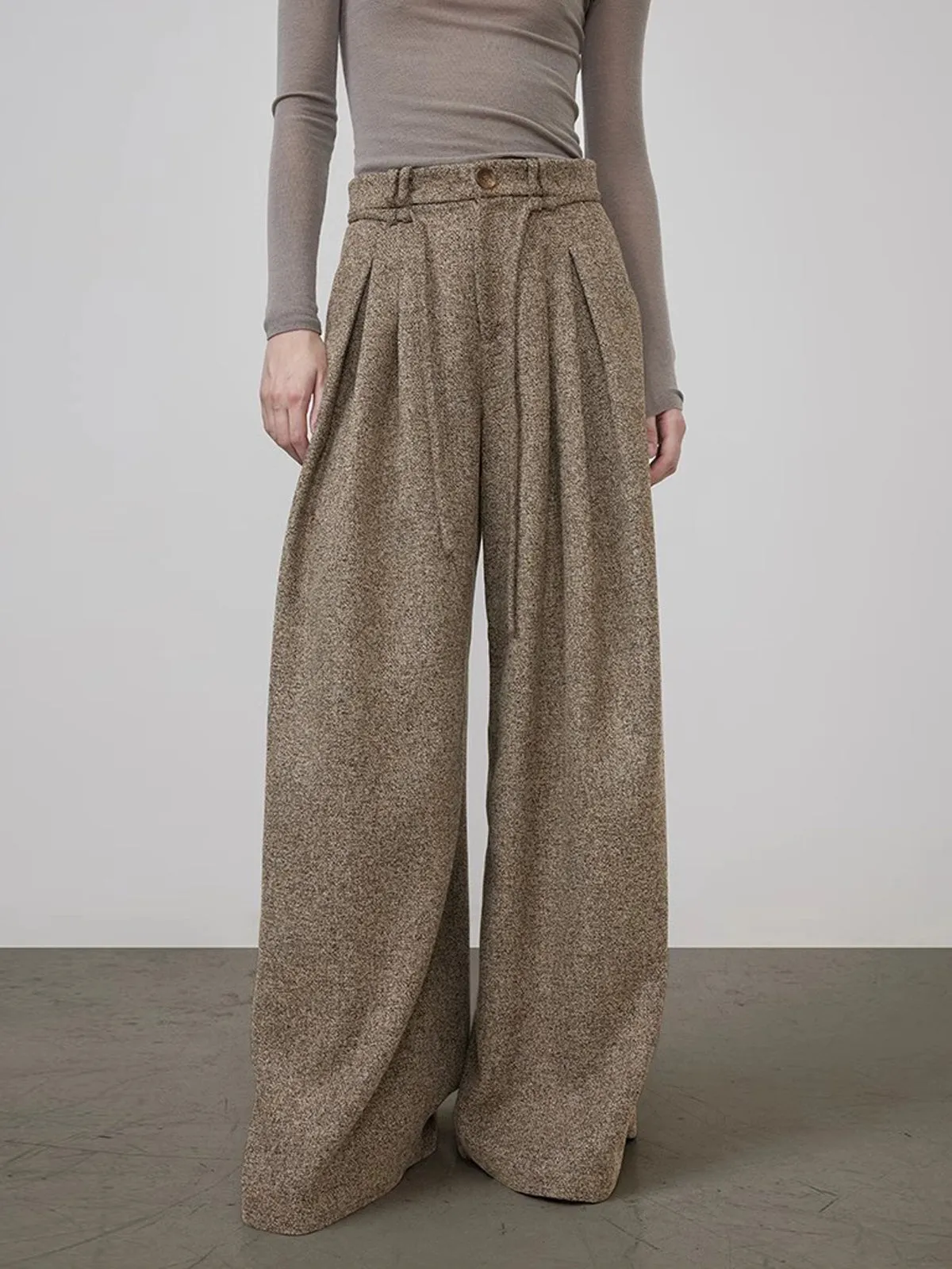 Mid-Waist Tweed Pleated Wide-Leg Pants sold by COMMENSE