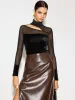 Semi-Sheer Stand Collar Cutout Mesh-Detail Velvet Top sold by COMMENSE