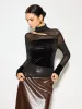 Semi-Sheer Stand Collar Cutout Mesh-Detail Velvet Top sold by COMMENSE