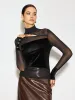 Semi-Sheer Stand Collar Cutout Mesh-Detail Velvet Top sold by COMMENSE