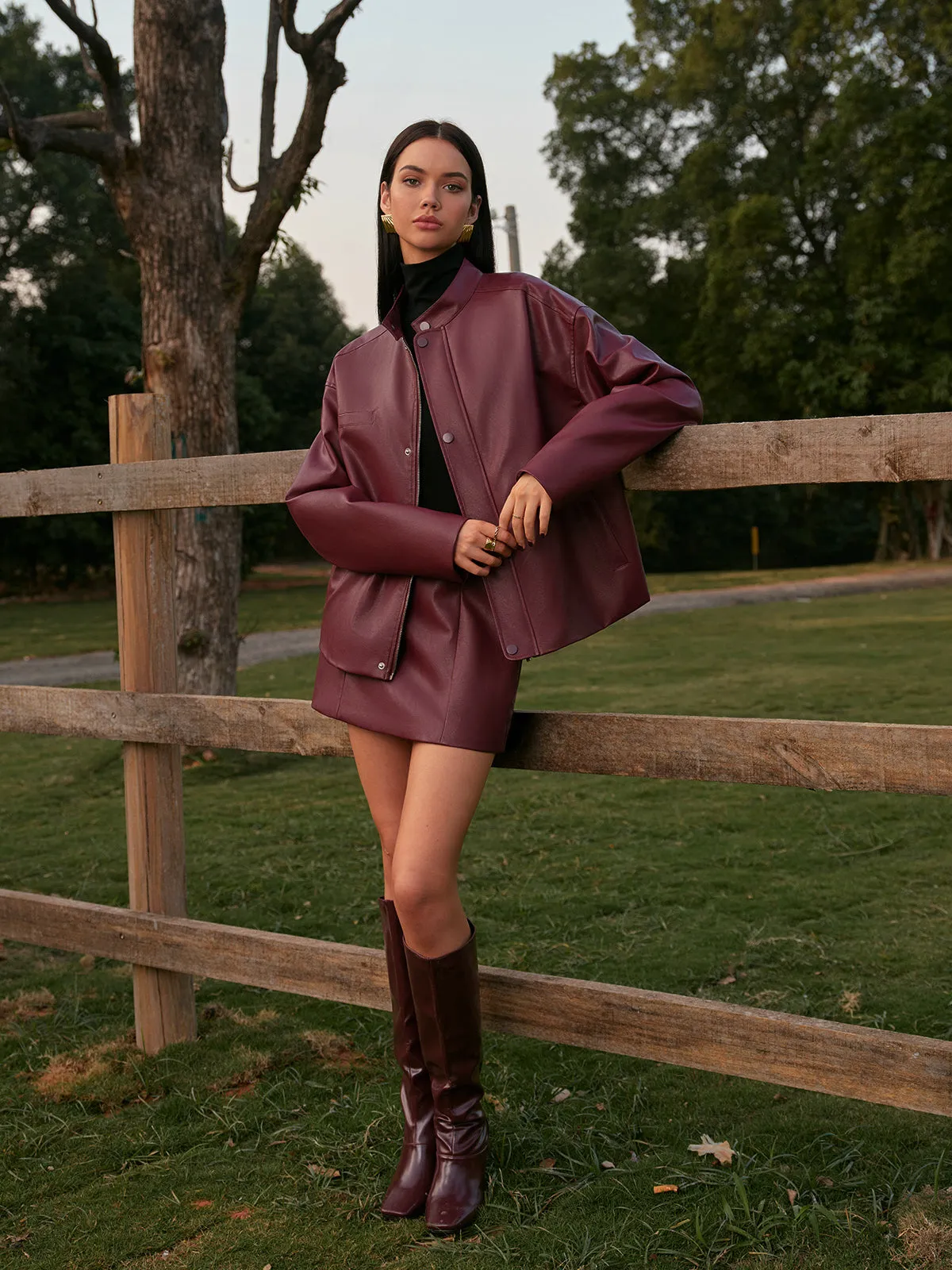 Stand Collar Faux Leather Zipper Jacket sold by COMMENSE product image thumbnail 2