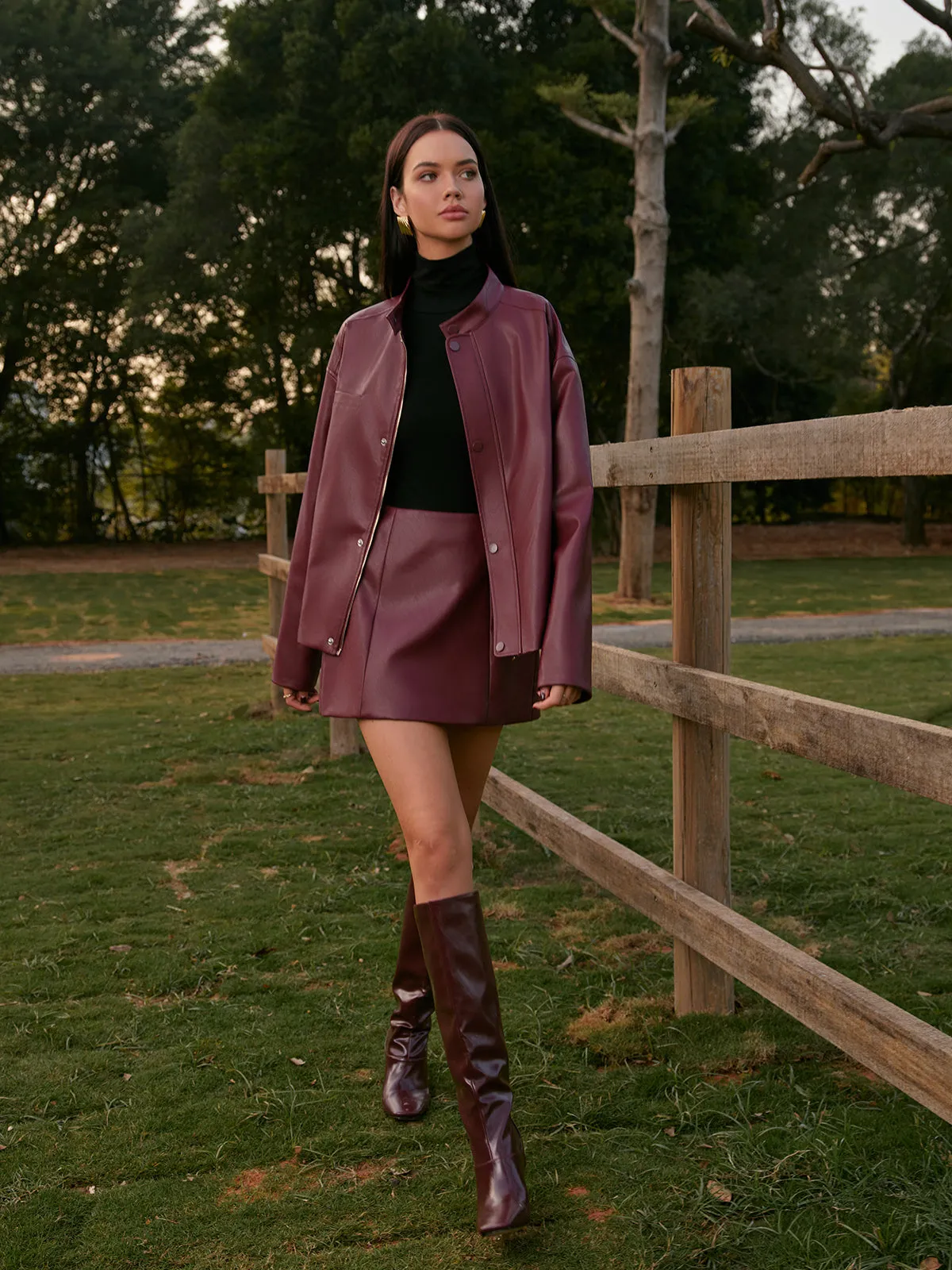 Stand Collar Faux Leather Zipper Jacket sold by COMMENSE product image thumbnail 4