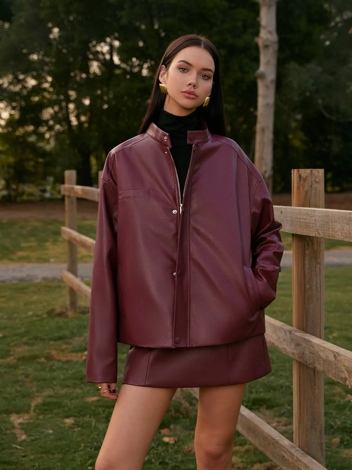 Stand Collar Faux Leather Zipper Jacket sold by COMMENSE product image thumbnail 5