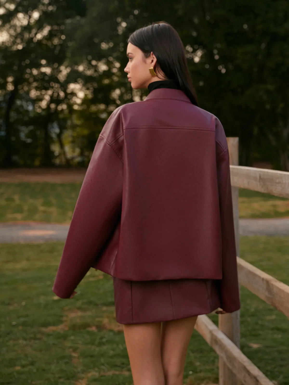 Stand Collar Faux Leather Zipper Jacket sold by COMMENSE product image thumbnail 3