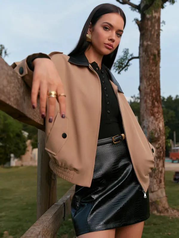 Contrast Collar Zipper Jacket sold by COMMENSE