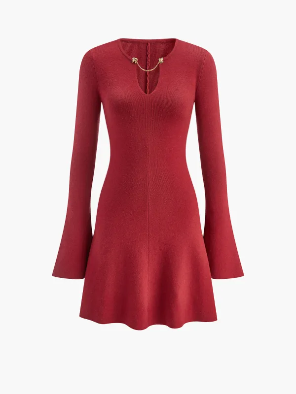 Metal-Detail Bell Sleeve Sweater Short Dress sold by COMMENSE