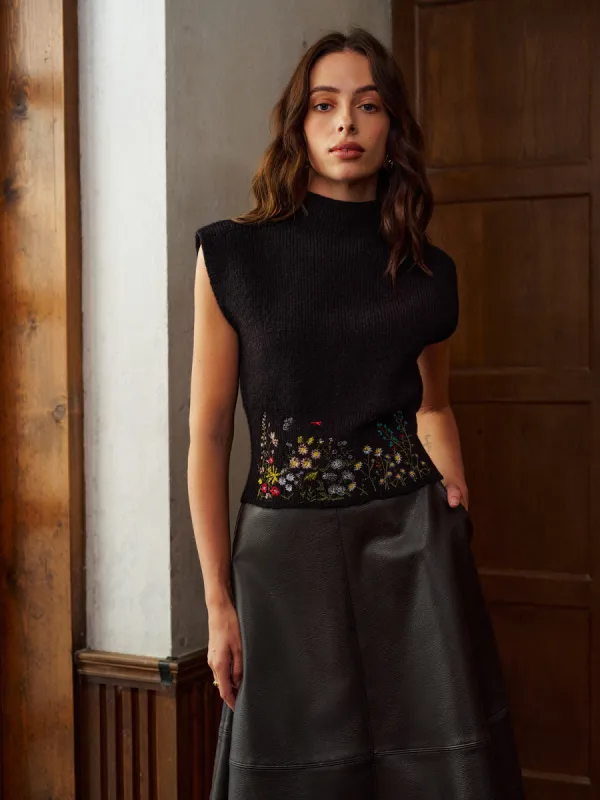 Stand Collar Embroidery Floral Sweater Vest sold by COMMENSE