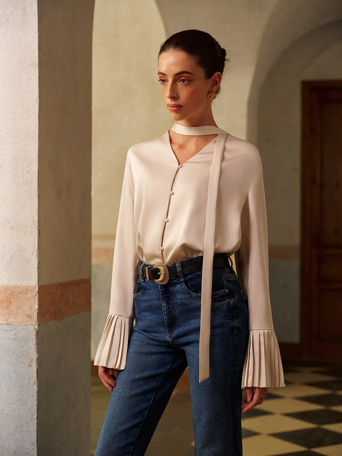 V-Neck Satin Pleated Shirt With Ribbon sold by COMMENSE product image thumbnail 2