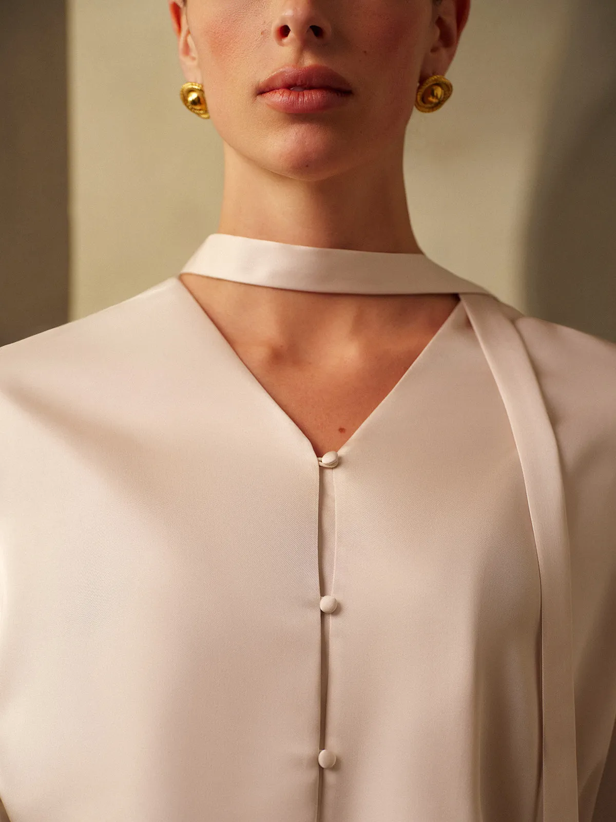 V-Neck Satin Pleated Shirt With Ribbon sold by COMMENSE product image thumbnail 3