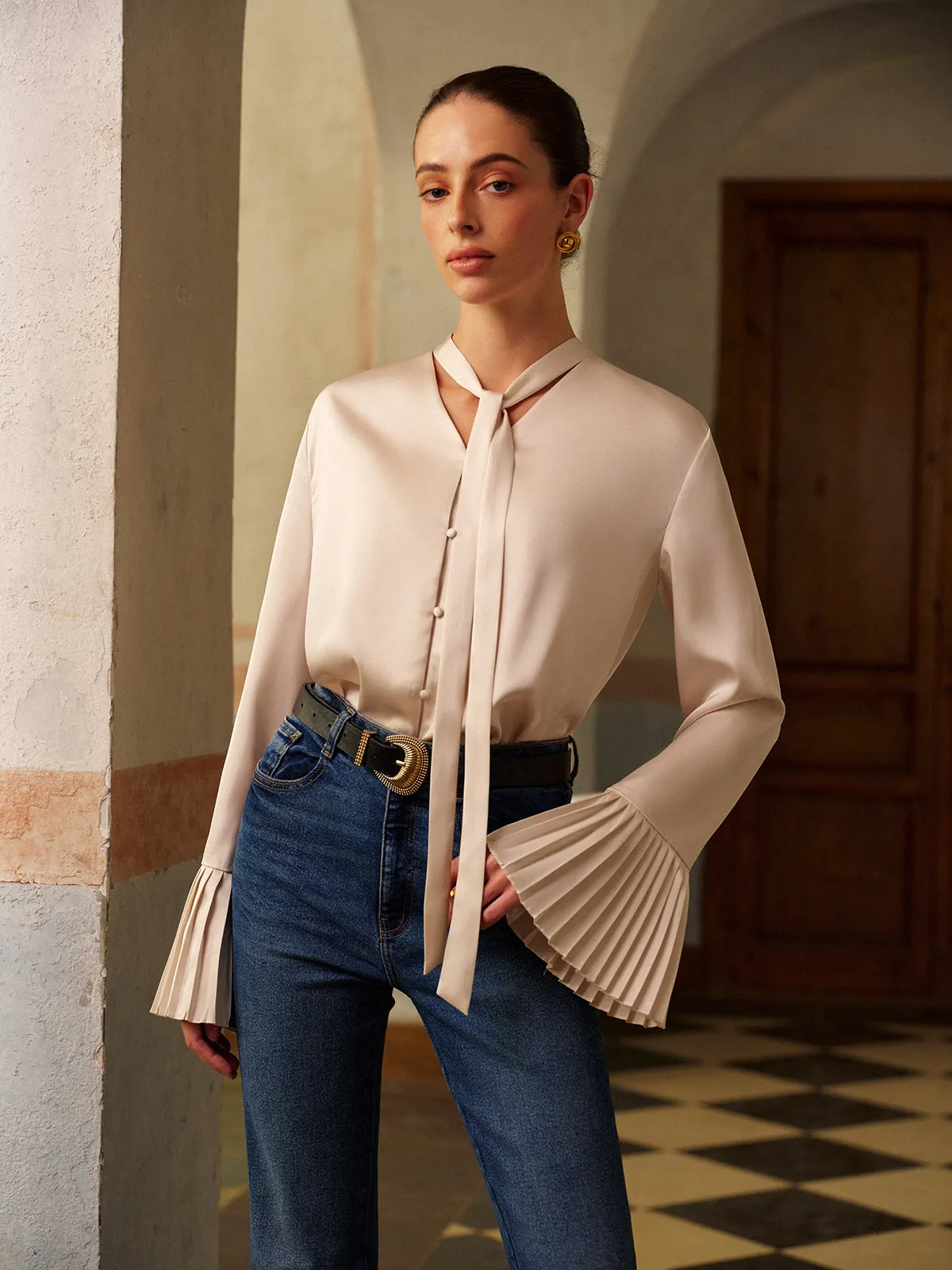 V-Neck Satin Pleated Shirt With Ribbon sold by COMMENSE