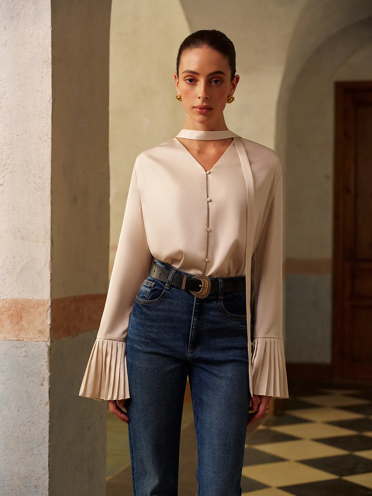 V-Neck Satin Pleated Shirt With Ribbon sold by COMMENSE product image thumbnail 5