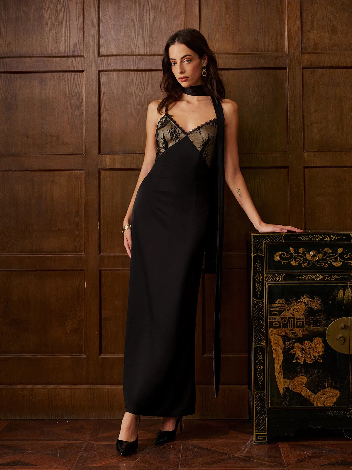 Backless Long-Ribbon Lace Panel Satin Cami Dress sold by COMMENSE product image thumbnail 5