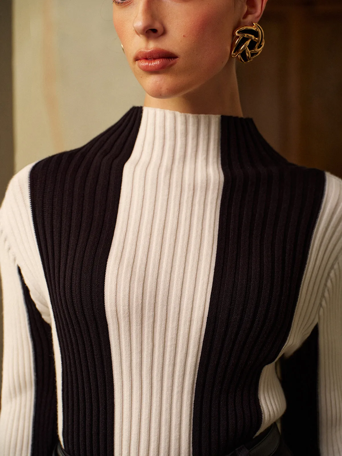 Mock Neck Two-Tone Pinstripe Ribbed Sweater sold by COMMENSE product image thumbnail 3