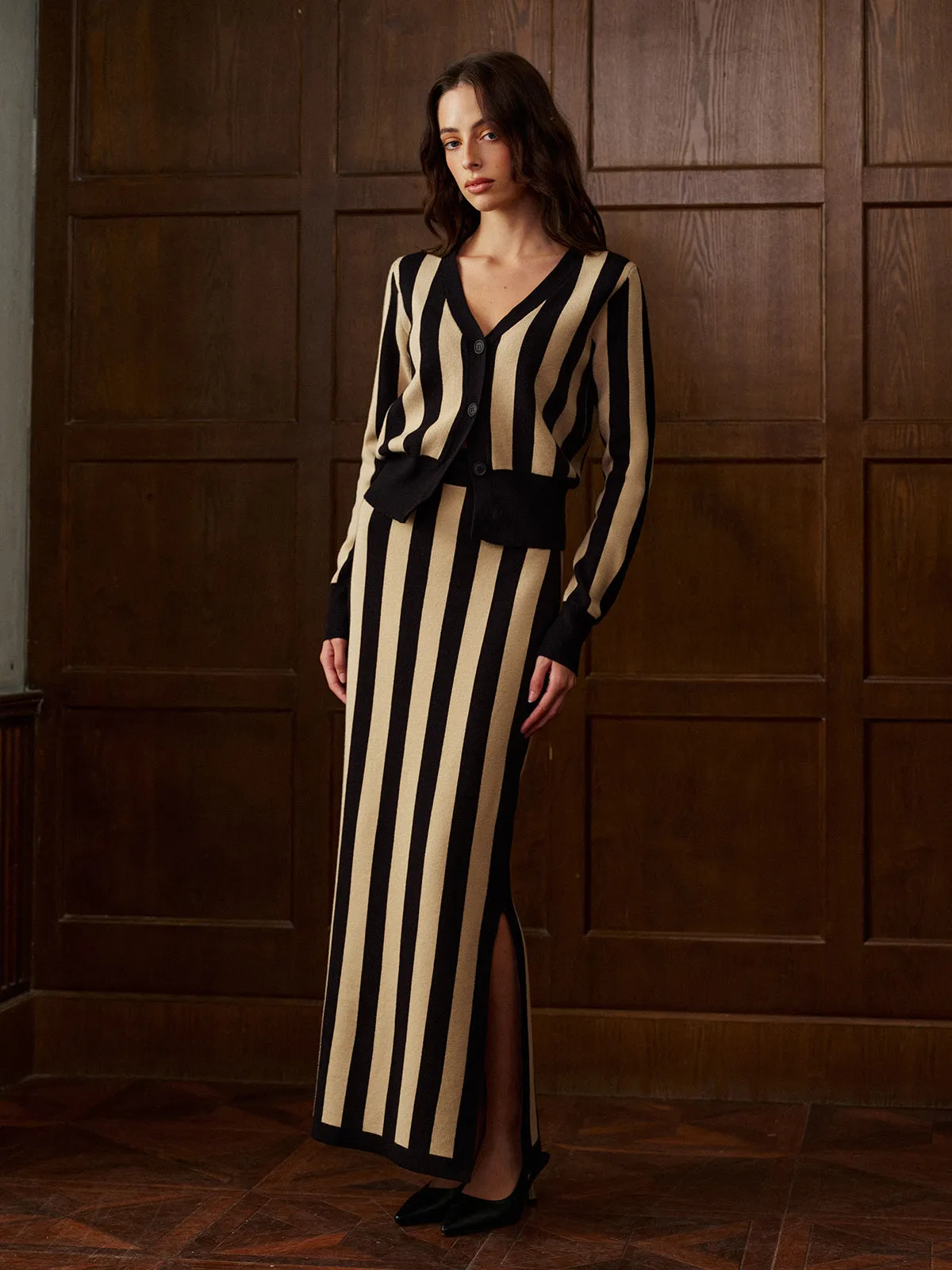 Two-Tone Pinstripe V-Neck Button Sweater Skirt Set sold by COMMENSE product image thumbnail 4