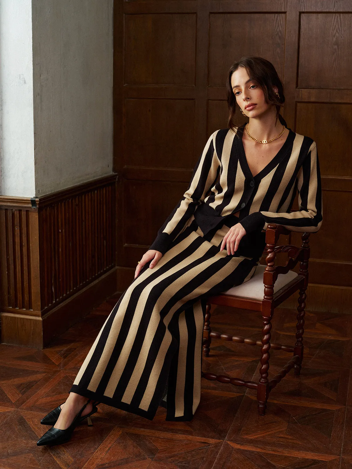 Two-Tone Pinstripe V-Neck Button Sweater Skirt Set sold by COMMENSE