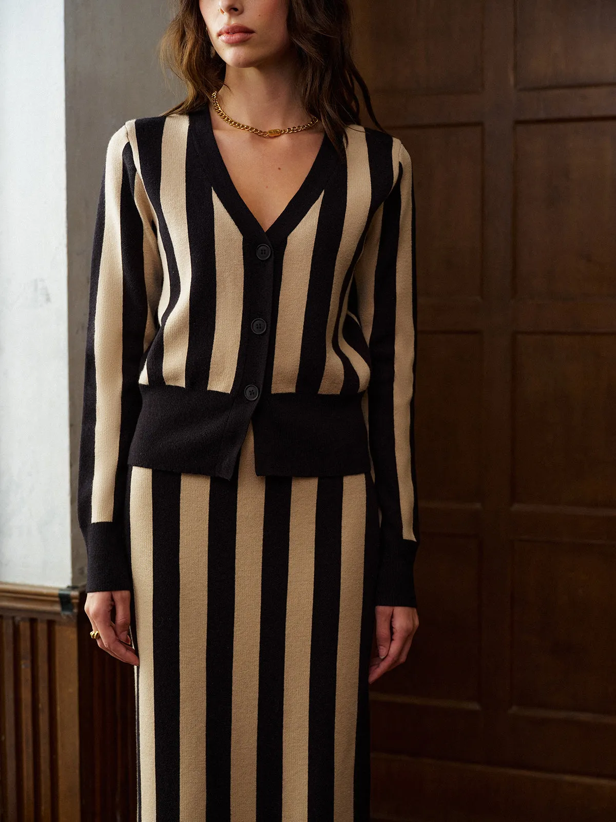 Two-Tone Pinstripe V-Neck Button Sweater Skirt Set sold by COMMENSE product image thumbnail 3