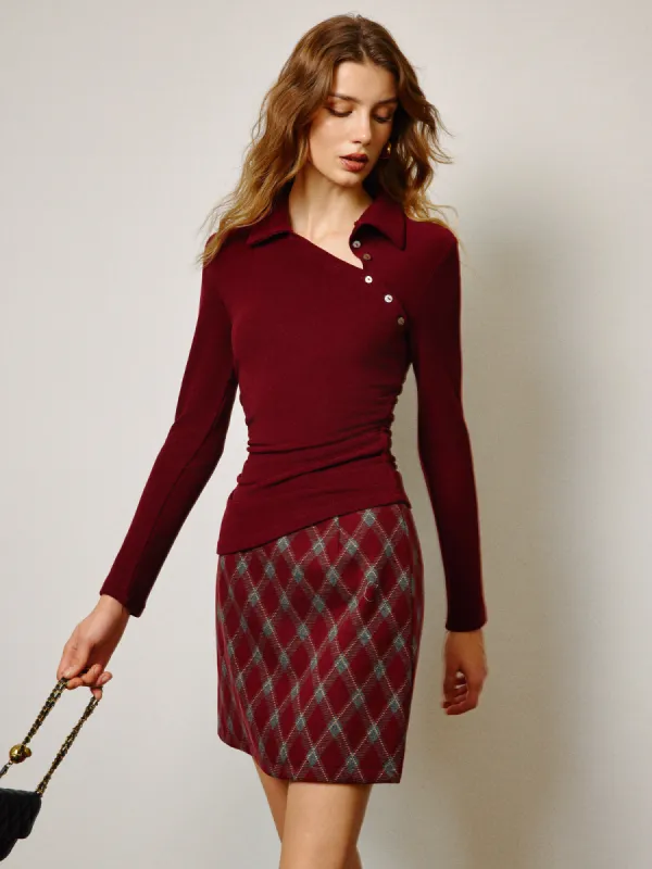 Asymmetrical Button Skinny Polo Blouse sold by COMMENSE