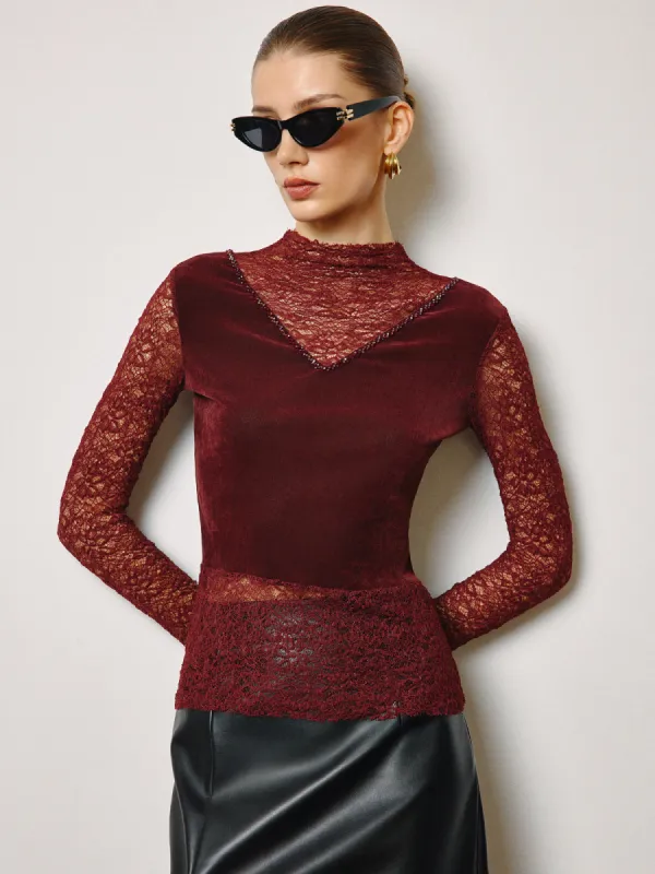 Rhinestone Velvet Panel Lace Slim Top sold by COMMENSE