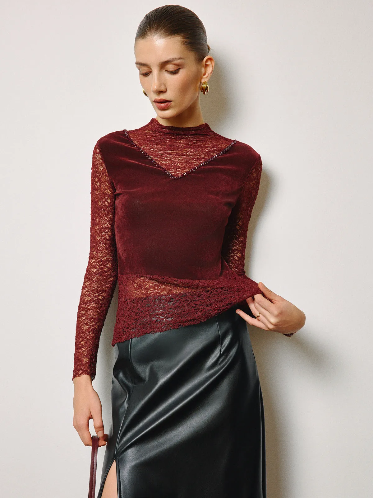 Rhinestone Velvet Panel Lace Slim Top sold by COMMENSE product image thumbnail 2