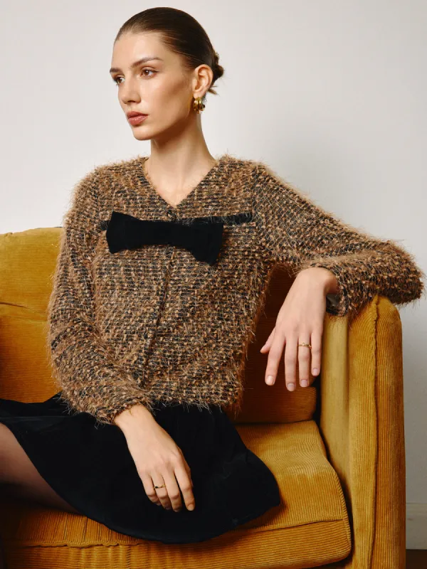 Bow Decor Purl Short Blouse sold by COMMENSE