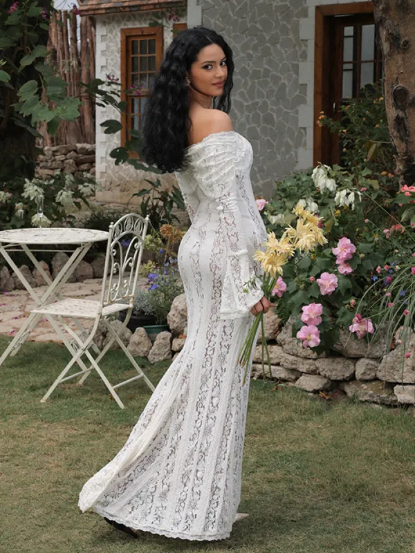 Off-Shoulder Ruffle-Cuff Lace Long Dress sold by COMMENSE