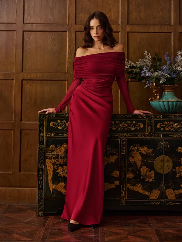 Off-Shoulder Ruched Satin Panel Dress sold by COMMENSE