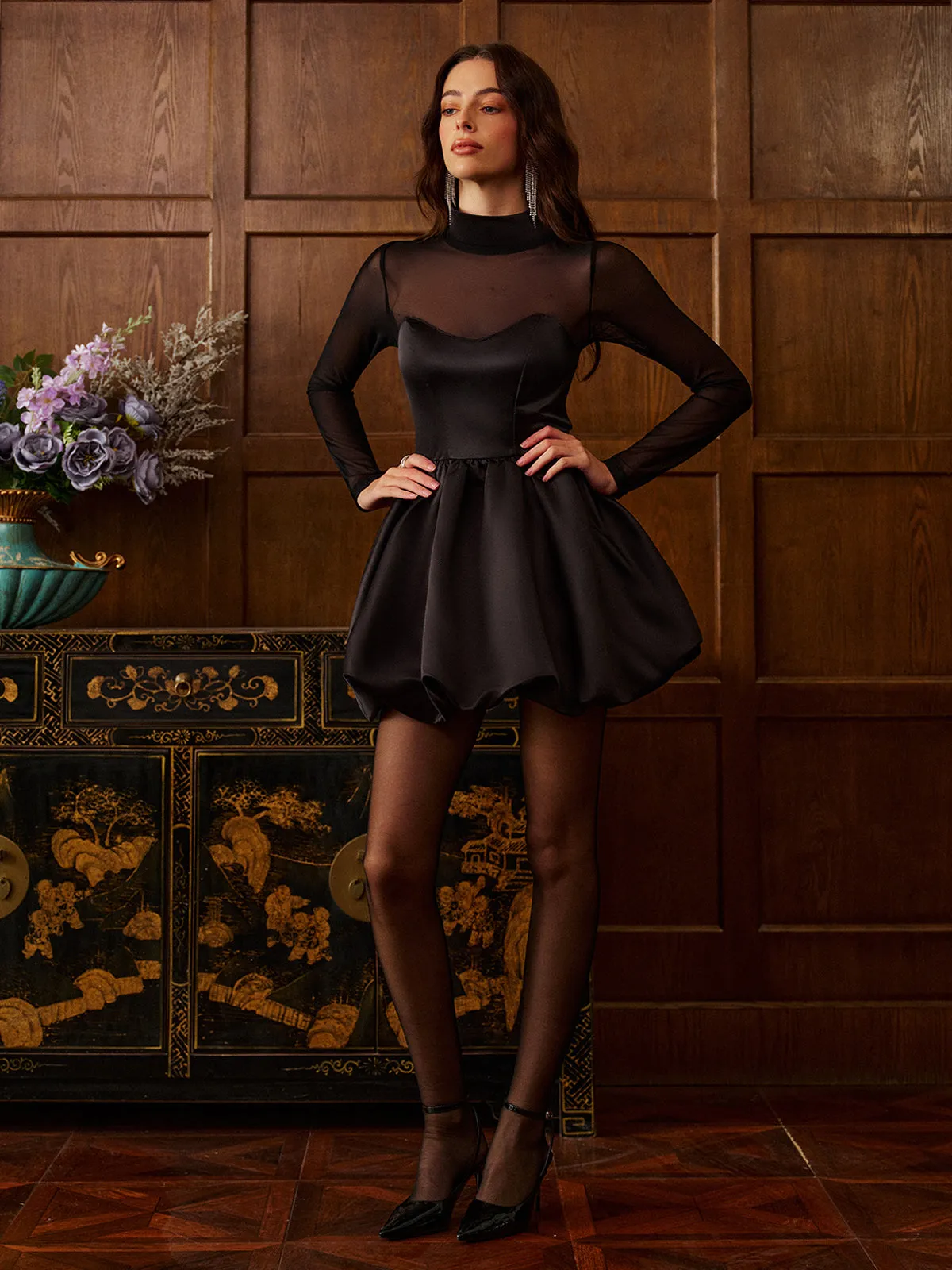 Stand Collar Pleated Mesh Panel Dress sold by COMMENSE product image thumbnail 2