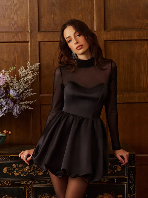 Stand Collar Pleated Mesh Panel Dress sold by COMMENSE