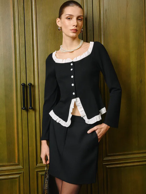 Square Neck Contrast Lettuce Trim Slit Blouse sold by COMMENSE