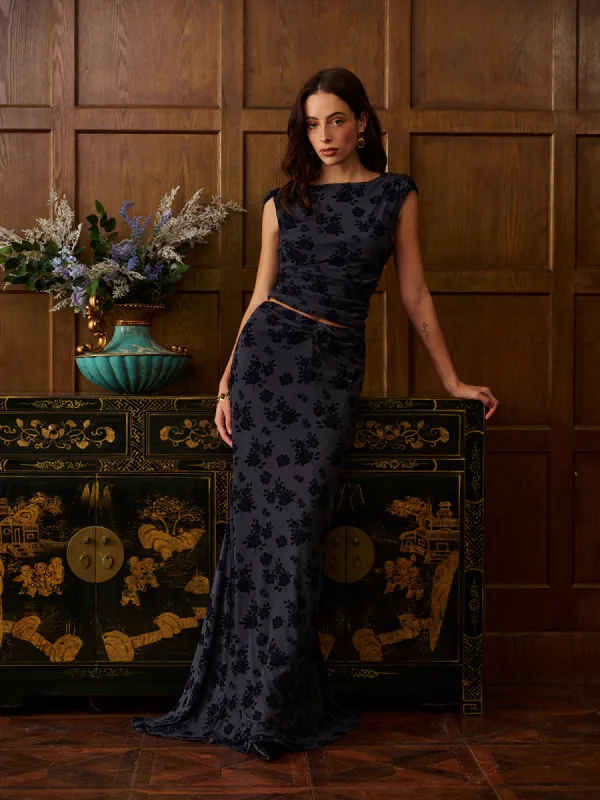 Backless Velvet-Floral Pleated Skirt Set sold by COMMENSE
