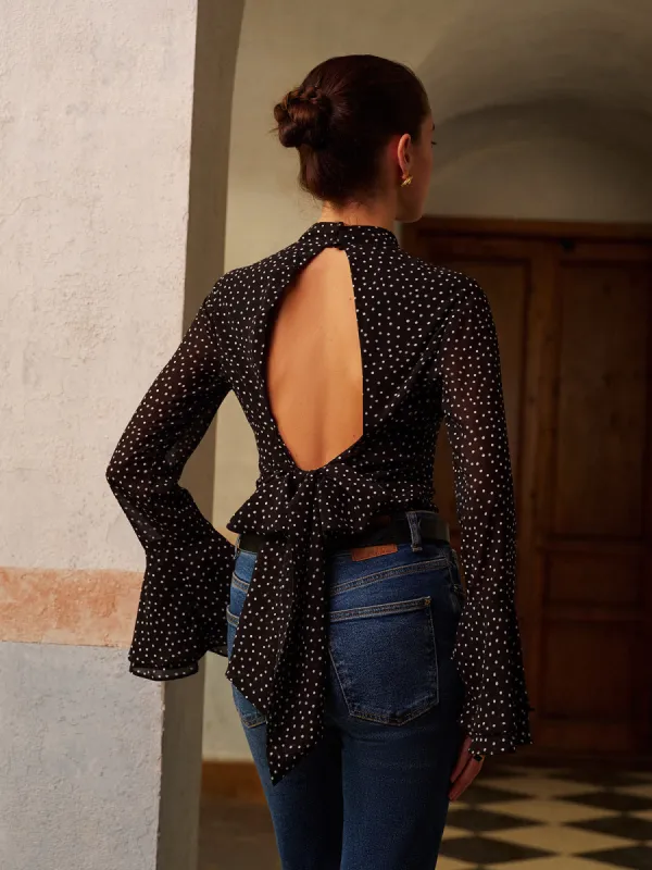Backless Polka Dot Bow Chiffon Shirt sold by COMMENSE