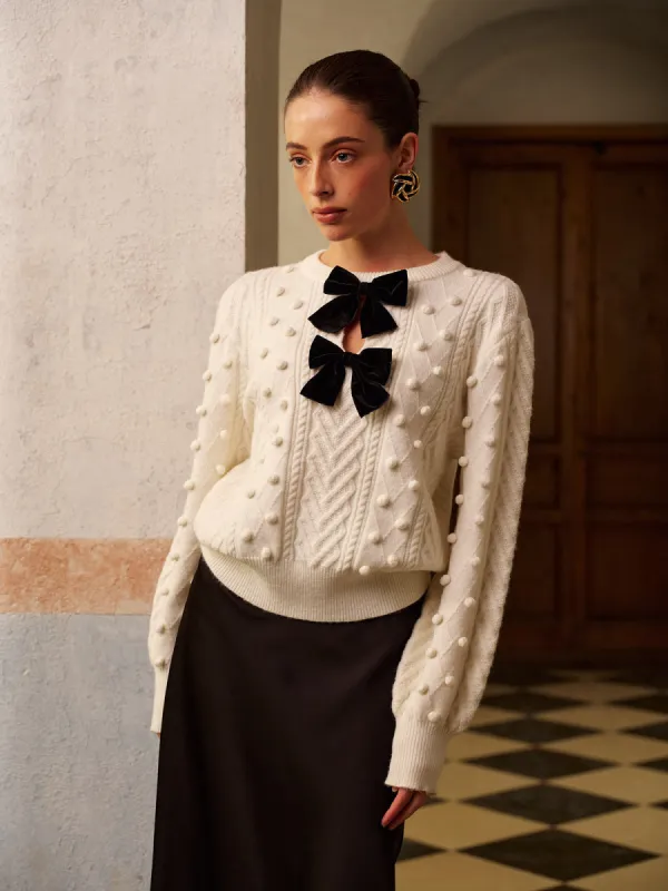 Bow Front Knit Ball-Decor Sweater sold by COMMENSE