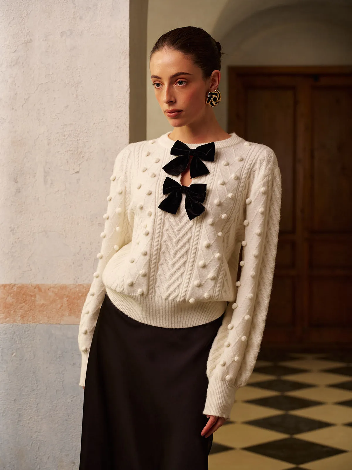 Bow Front Knit Ball-Decor Sweater sold by COMMENSE