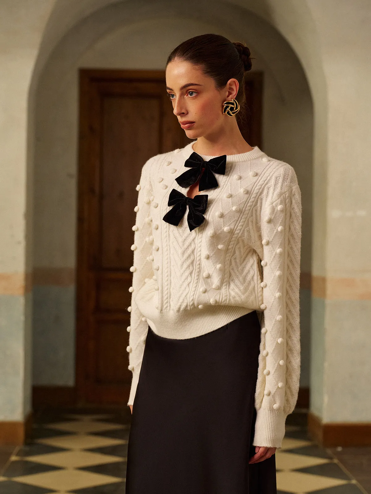 Bow Front Knit Ball-Decor Sweater sold by COMMENSE product image thumbnail 3