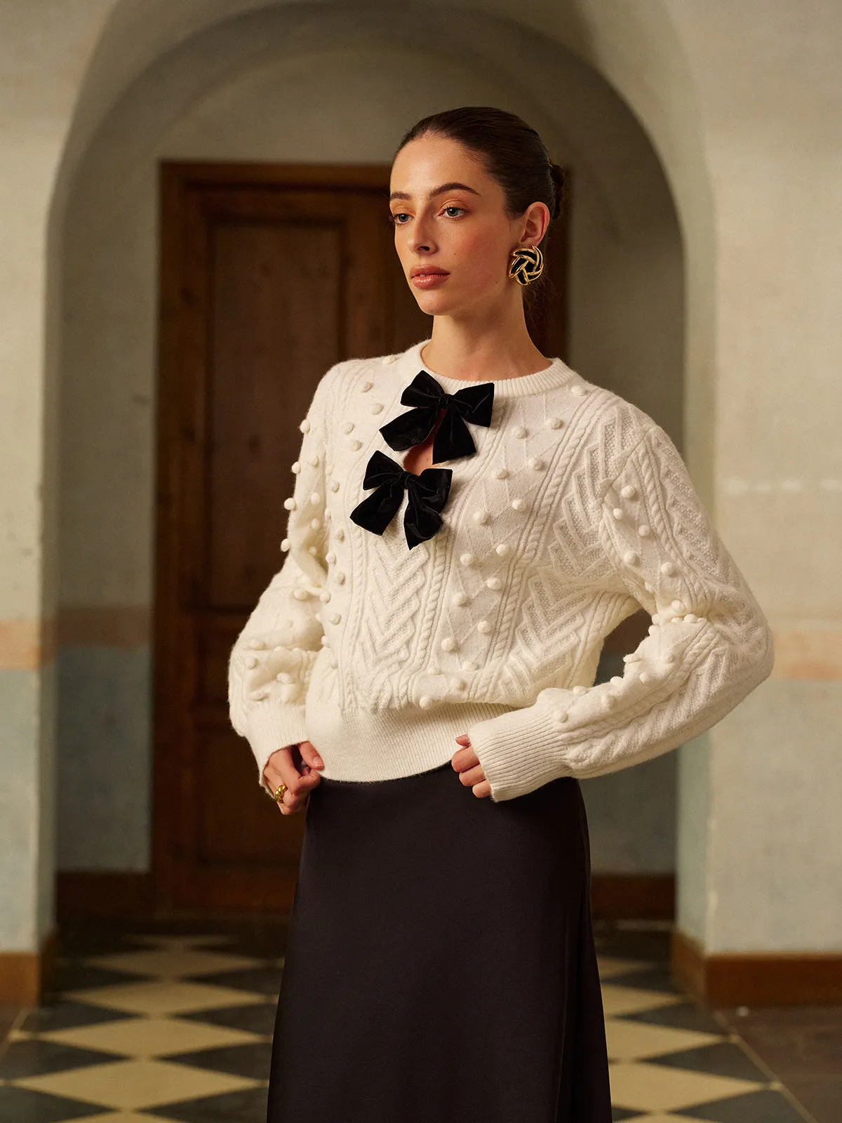 Bow Front Knit Ball-Decor Sweater sold by COMMENSE product image thumbnail 2