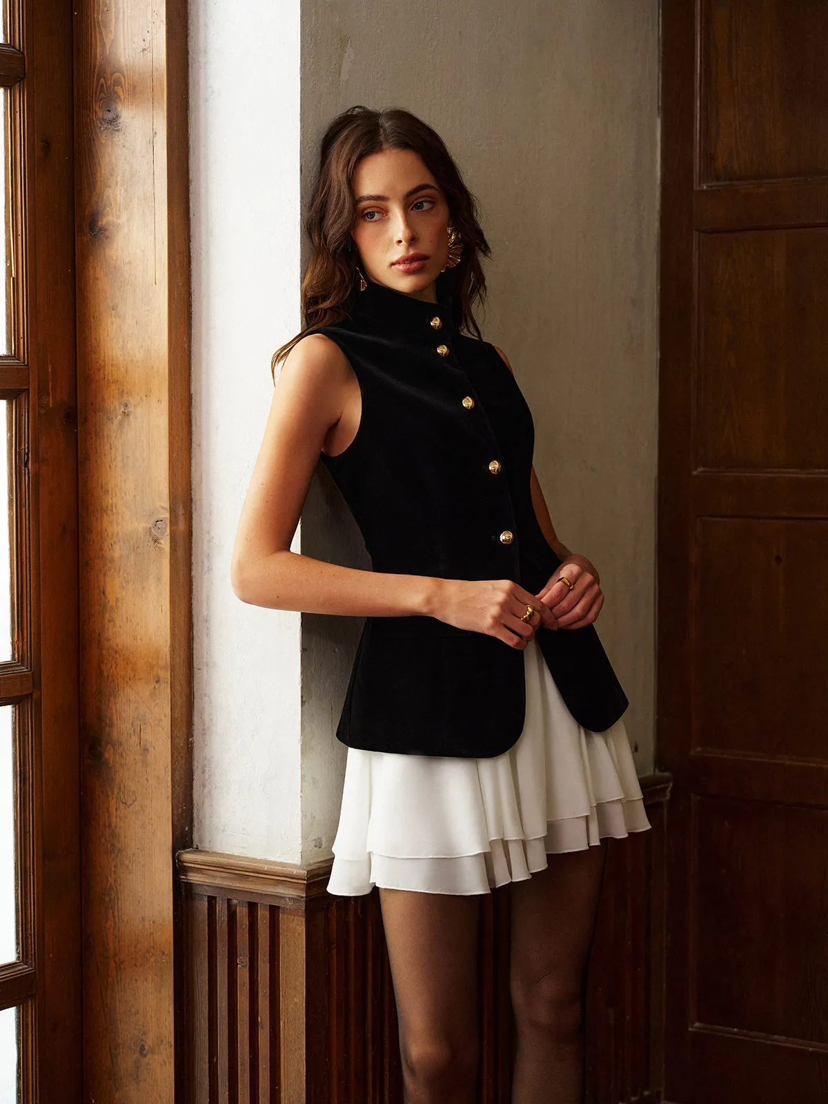 Button Slit Velvet Top With Chiffon Skirt Set sold by COMMENSE product image thumbnail 4