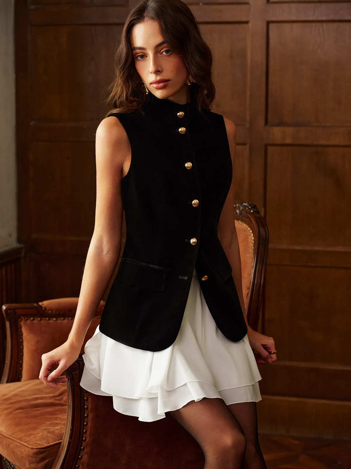 Button Slit Velvet Top With Chiffon Skirt Set sold by COMMENSE