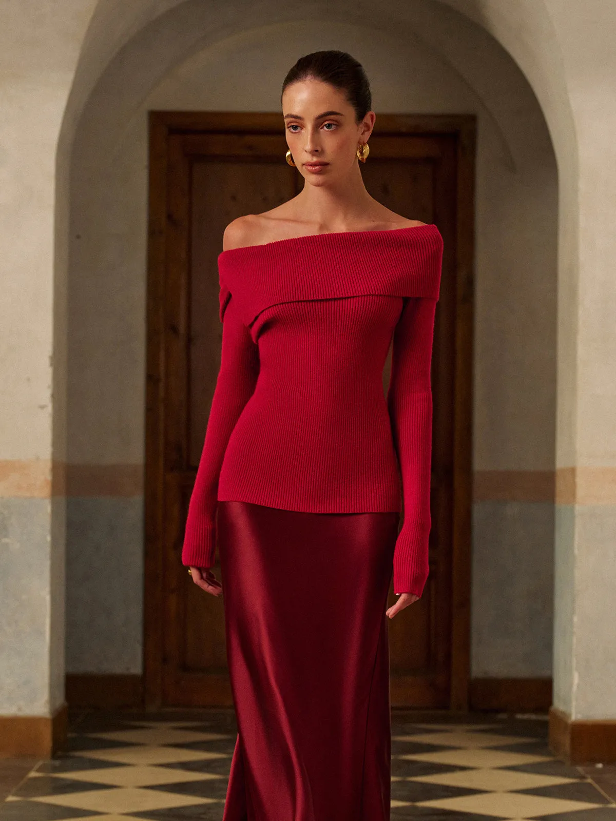 Wool-Blend Off-Shoulder Ribbed Sweater sold by COMMENSE