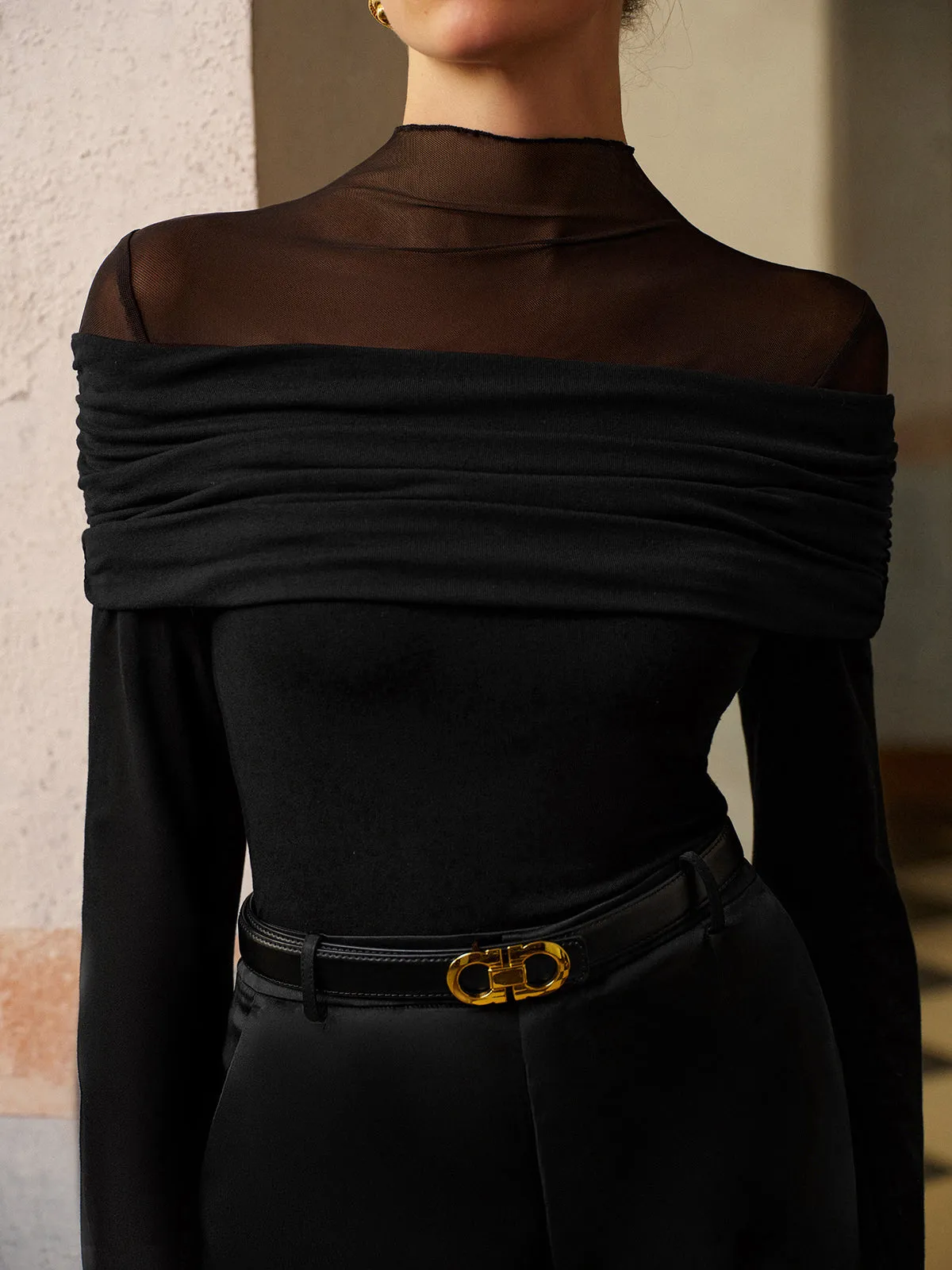 Ruched Mesh Panel Jersey Top sold by COMMENSE product image thumbnail 3