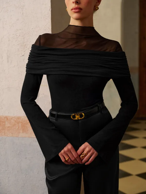 Ruched Mesh Panel Jersey Top sold by COMMENSE