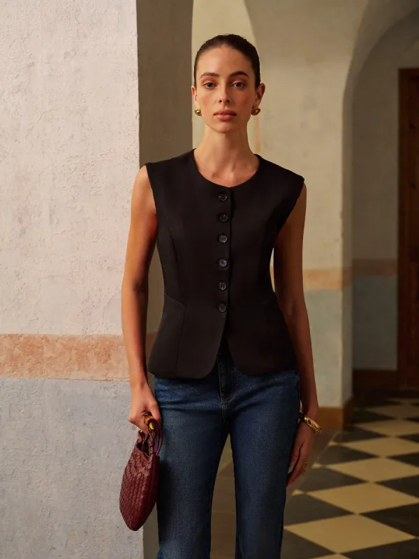 Round Neck Split Button Vest sold by COMMENSE